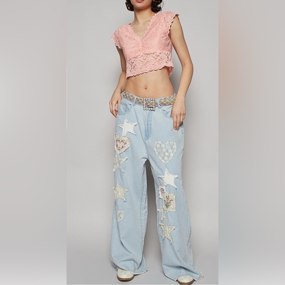 ❤️New POL Women's Jeans w/ Patchwork Heart and Star Design. Small, Medium, Large - Picture 5 of 5